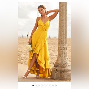 Lulu’s In Love Forever Mustard Yellow Satin Lace-Up High Low Maxi Dress.